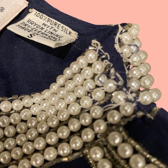 VINTAGE Laurence Kazan Navy Beaded SILK Jacket Blazer Size Small NWT - Picture 7 of 7